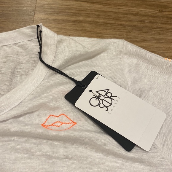 NWT Chaser Burnout White Tee with Embroidered Neon Lips - Picture 5 of 7